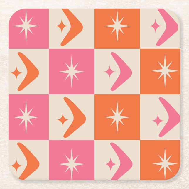 Checkered Mid Century Boomerangs pink and orange  Square Paper Coaster (Front)