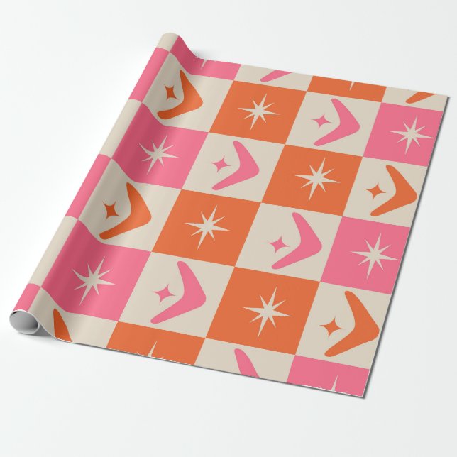 Checkered Mid Century Boomerangs pink and orange  Wrapping Paper (Unrolled)