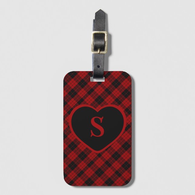 Checkered Monogram Christmas Red Buffalo Plaid Luggage Tag (Front Vertical)