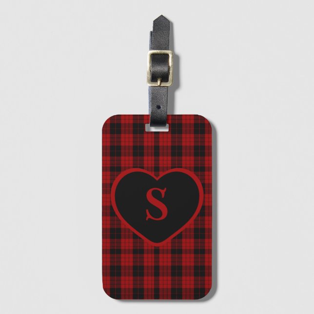 Checkered Monogram Christmas Red Buffalo Plaid Luggage Tag (Front Vertical)