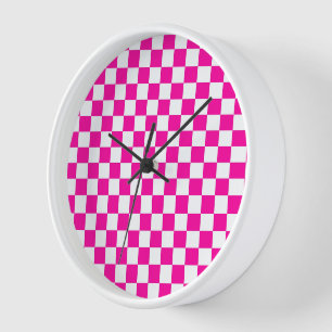 Checkered Neon Pink and White  Clock