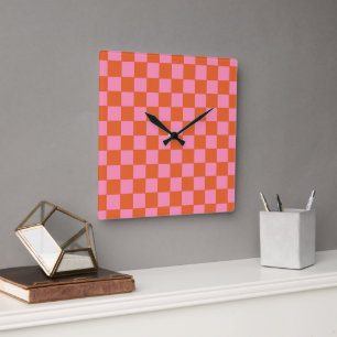 Checkered Orange and Pink Square Wall Clock