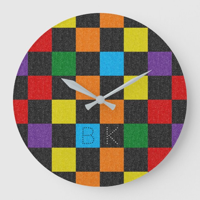 Checkered Pattern Trendy Rainbow LGBTQ Monogram Large Clock (Front)