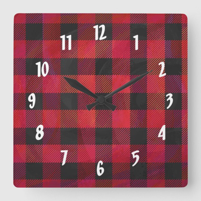 Checkered Plaid Red and Black Square Wall Clock (Front)