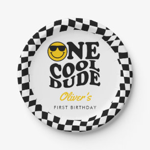 Checkered Preppy Smile One Cool Dude 1st Birthday Paper Plate