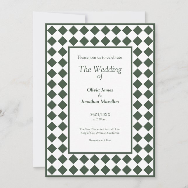 Checkered Simple Modern Dark Green Wedding Invitation (Front)