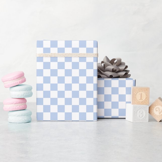 Checkered Soft Sky Blue White  Wrapping Paper Roll (Baby Shower)