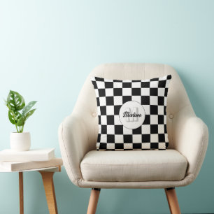 Checkered squares Black and White retro Monogram Cushion