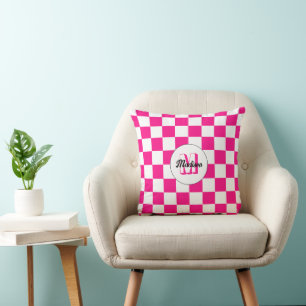 Checkered squares hot pink white retro Monogram Cushion