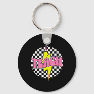 Checkered Teach Pencil Lightning Bolt Back To Scho Key Ring