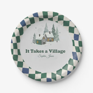Checkered Winter "It Takes a Village" baby shower Paper Plate