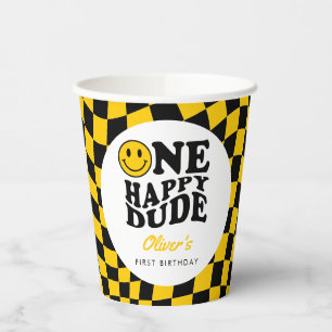 Checkered Yellow Smile One Happy Dude 1st Birthday Paper Cups