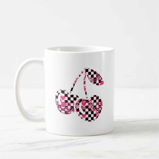 Checkers & Pink Hearts Patterned Cherries Coffee Mug (Left)
