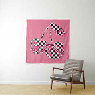 Checkers & Pink Hearts Patterned Cherries Tapestry