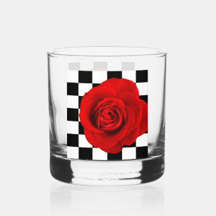 Checkmate Rose elegant rose on a chequered back  Whiskey Glass