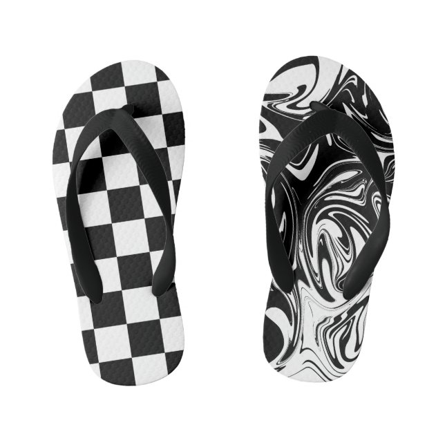 Checks and Swirls - Black and White Kid's Jandals (Footbed)