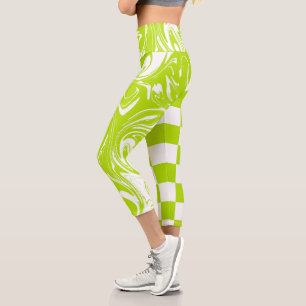 Checks and Swirls in Lime Green and White Capri Leggings
