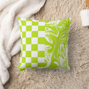 Checks and Swirls in Lime Green and White Cushion