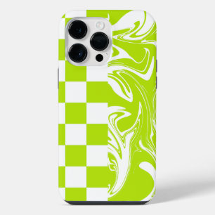 Checks and Swirls in Lime Green and White iPhone 14 Pro Max Case