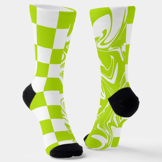 Checks and Swirls in Lime Green and White Socks (Angled)