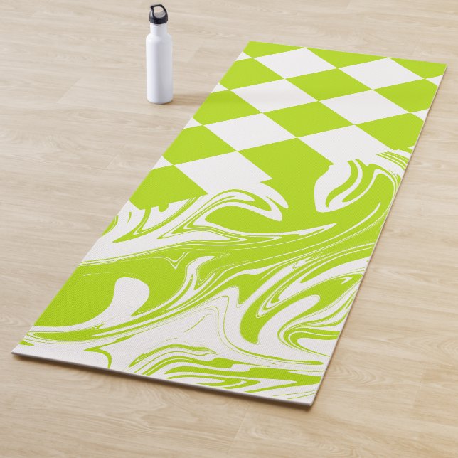 Checks and Swirls in Lime Green and White Yoga Mat (In Situ)
