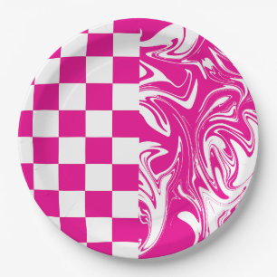 Checks and Swirls in Magenta and White Paper Plate