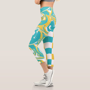 Checks and Swirls in Turquoise, Yellow, and White Capri Leggings