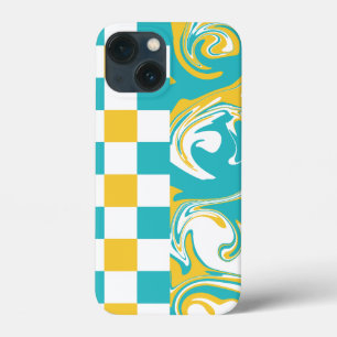 Checks and Swirls in Turquoise, Yellow, and White iPhone 13 Mini Case