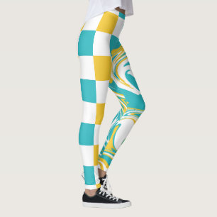 Checks and Swirls in Turquoise, Yellow, and White Leggings