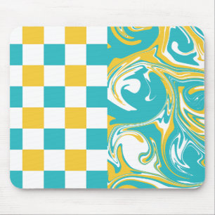 Checks and Swirls in Turquoise, Yellow, and White Mouse Pad