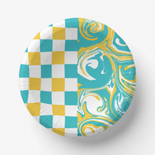 Checks and Swirls in Turquoise, Yellow, and White Paper Plate