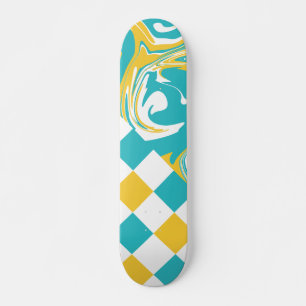 Checks and Swirls in Turquoise, Yellow, and White Skateboard