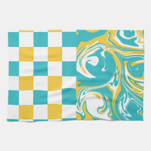 Checks and Swirls in Turquoise, Yellow, and White Tea Towel