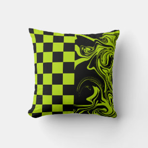 Checks and Swirls - Lime Green and Black Cushion