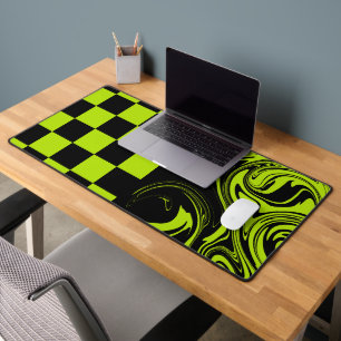 Checks and Swirls - Lime Green and Black Desk Mat