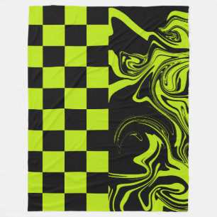 Checks and Swirls - Lime Green and Black Fleece Blanket