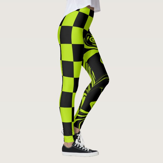 Checks and Swirls - Lime Green and Black Leggings (Right)