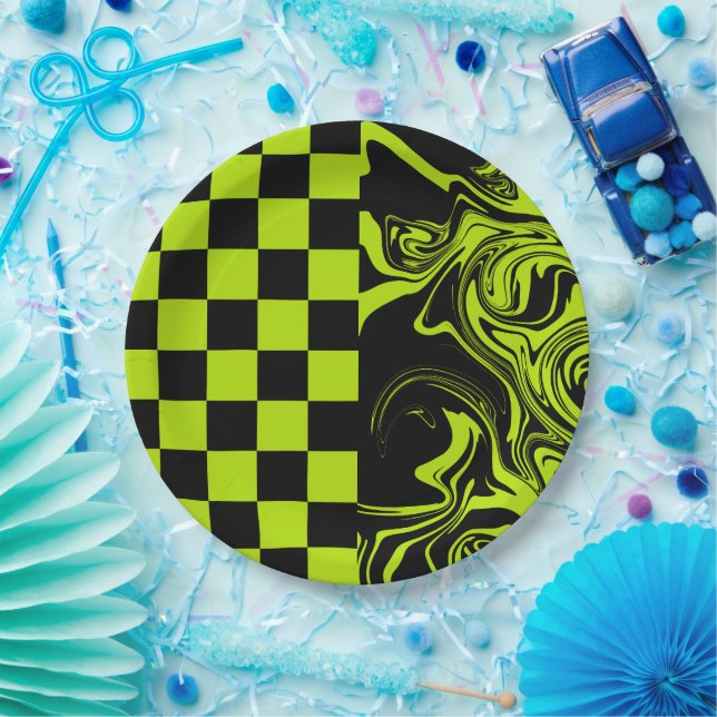 Checks and Swirls - Lime Green and Black Paper Plate (Party)