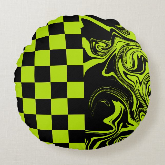Checks and Swirls - Lime Green and Black Round Cushion (Front)