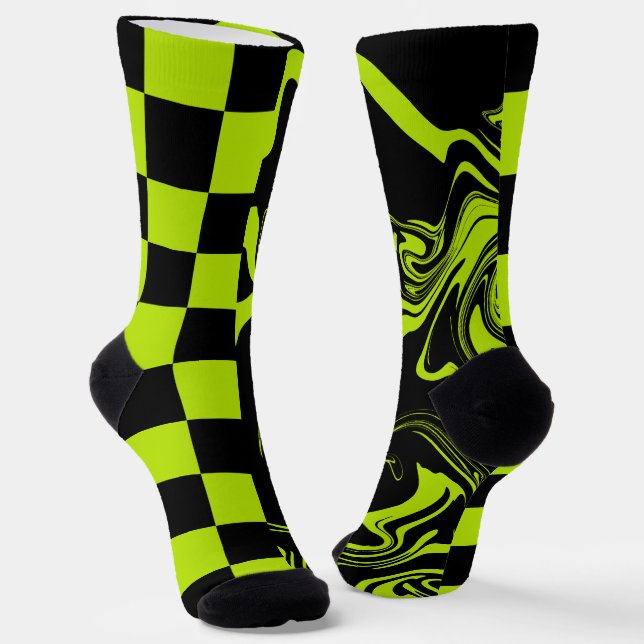 Checks and Swirls - Lime Green and Black Socks (Angled)