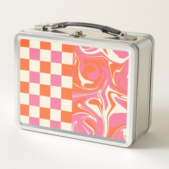 Checks and Swirls - Pink, Orange and Cream Metal Lunch Box (Front)