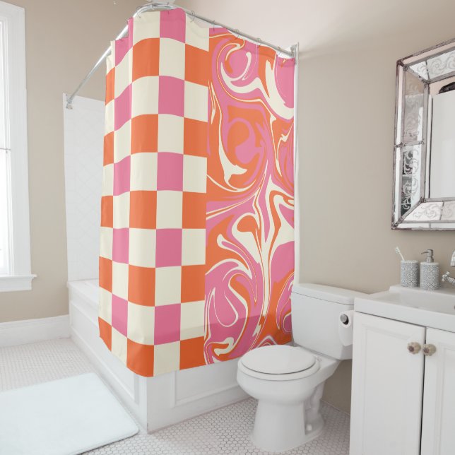 Checks and Swirls - Pink, Orange and Cream Shower Curtain (In Situ)