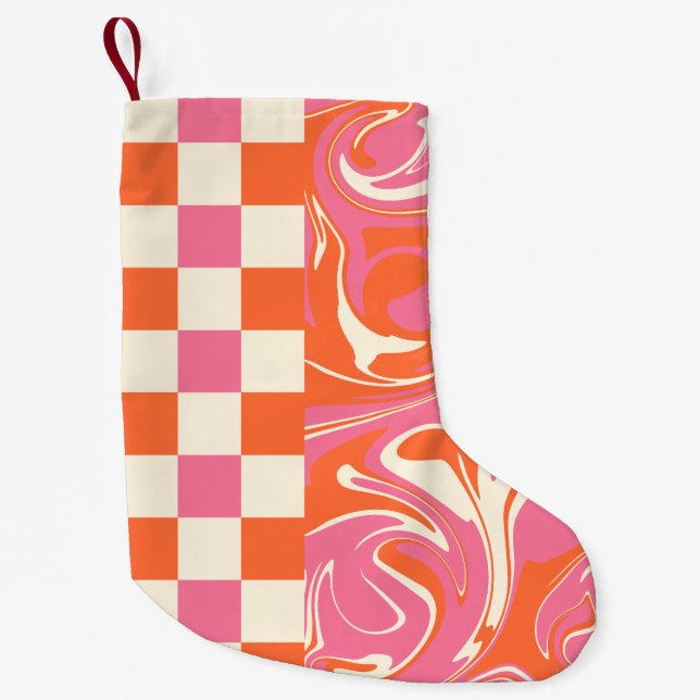 Checks and Swirls - Pink, Orange and Cream Small Christmas Stocking (Front)