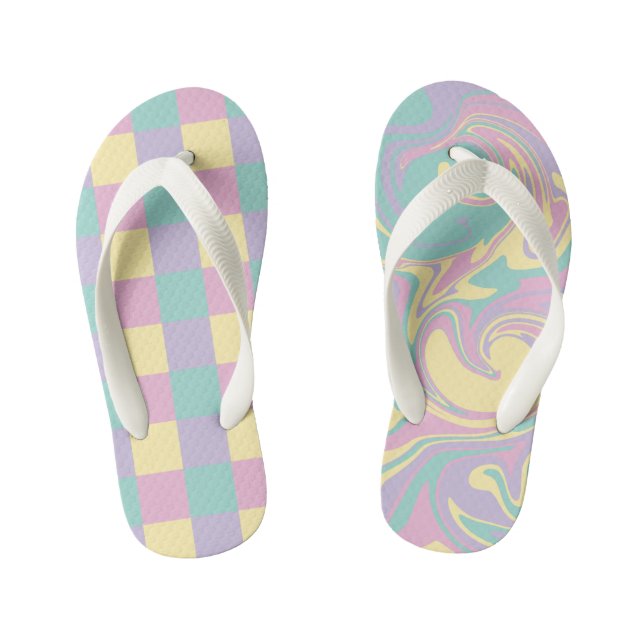 Checks & Swirls Pastel Pink,Yellow, Purple & Green Kid's Jandals (Footbed)