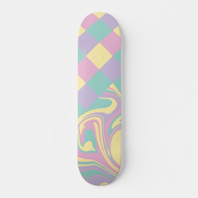Checks & Swirls Pastel Pink,Yellow, Purple & Green Skateboard (Front)