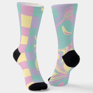 Checks & Swirls Pastel Pink,Yellow, Purple & Green Socks