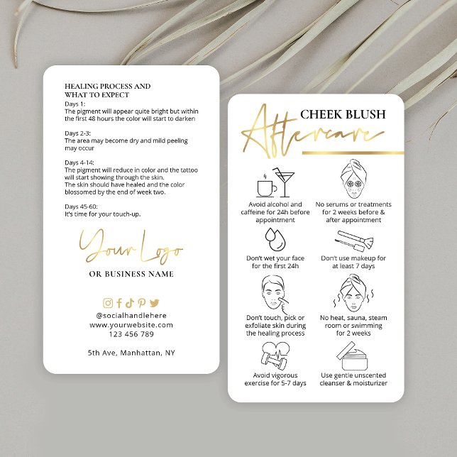 Cheek Blush Care Instructions Metallic Gold PMU Business Card (Trendy & chic Cheek Blush Aftercare instructions cards with faux gold effects & space for your logo)