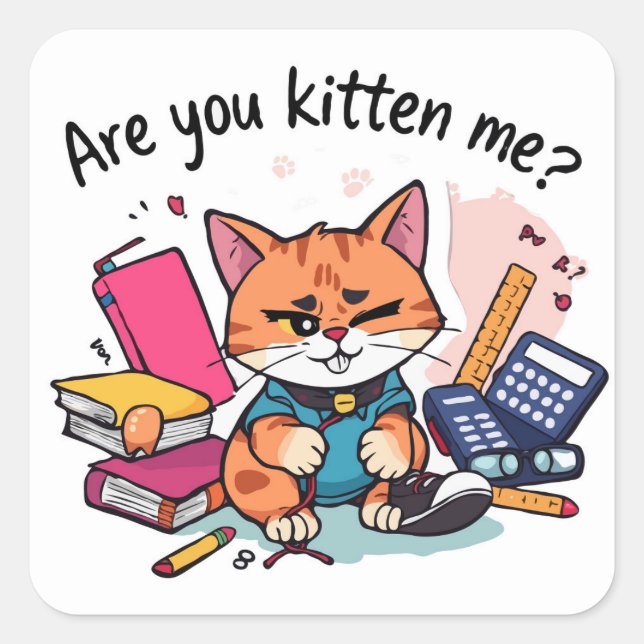 Cheeky 'Are You Kitten Me?' Cat Back To School Square Sticker (Front)