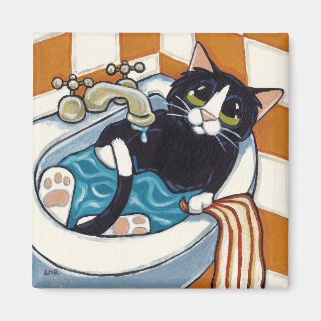 Cheeky Cat Bathing in Sink Illustration Magnet (Front)