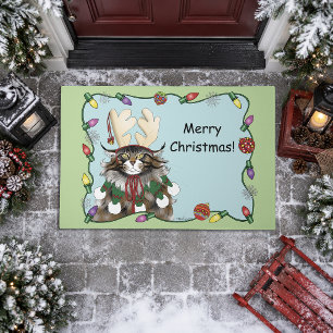 Cheeky  Christmas Cat Humour Maine Coon Green Funn Doormat
